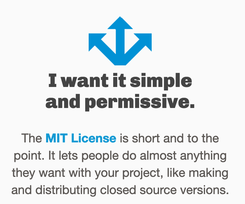 Screenshot of https://choosealicense.com section 'I want it simple and permissive'